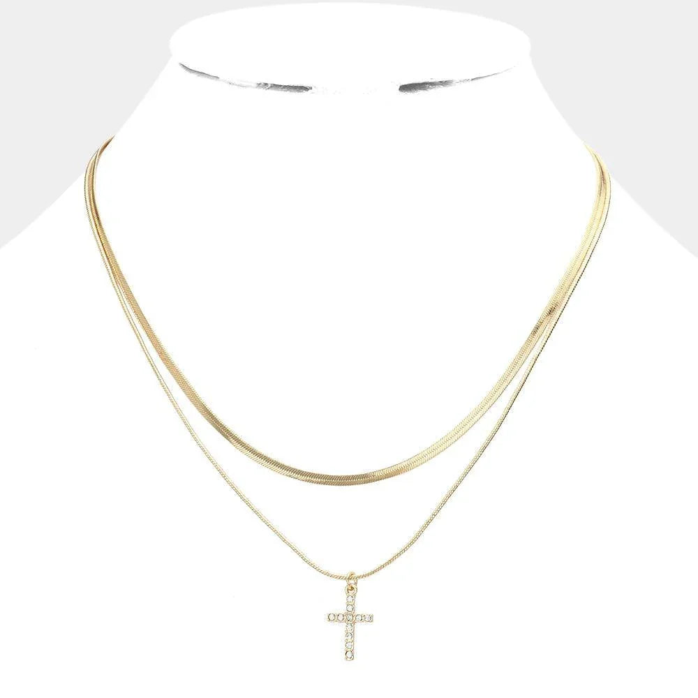 Gold Rhinestone Embellished Cross Pendant Double Layered Necklace - Jewelry Store by Erik Rayo