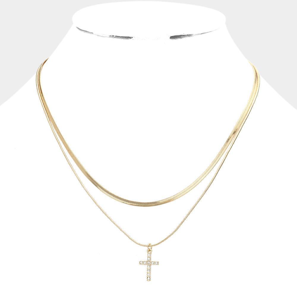 Gold Rhinestone Embellished Cross Pendant Double Layered Necklace