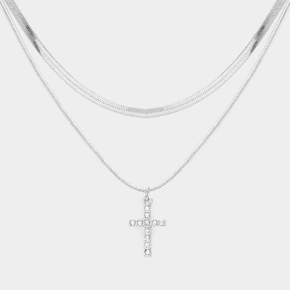 Rhinestone Embellished Cross Pendant Double Layered Necklace - Jewelry Store by Erik Rayo