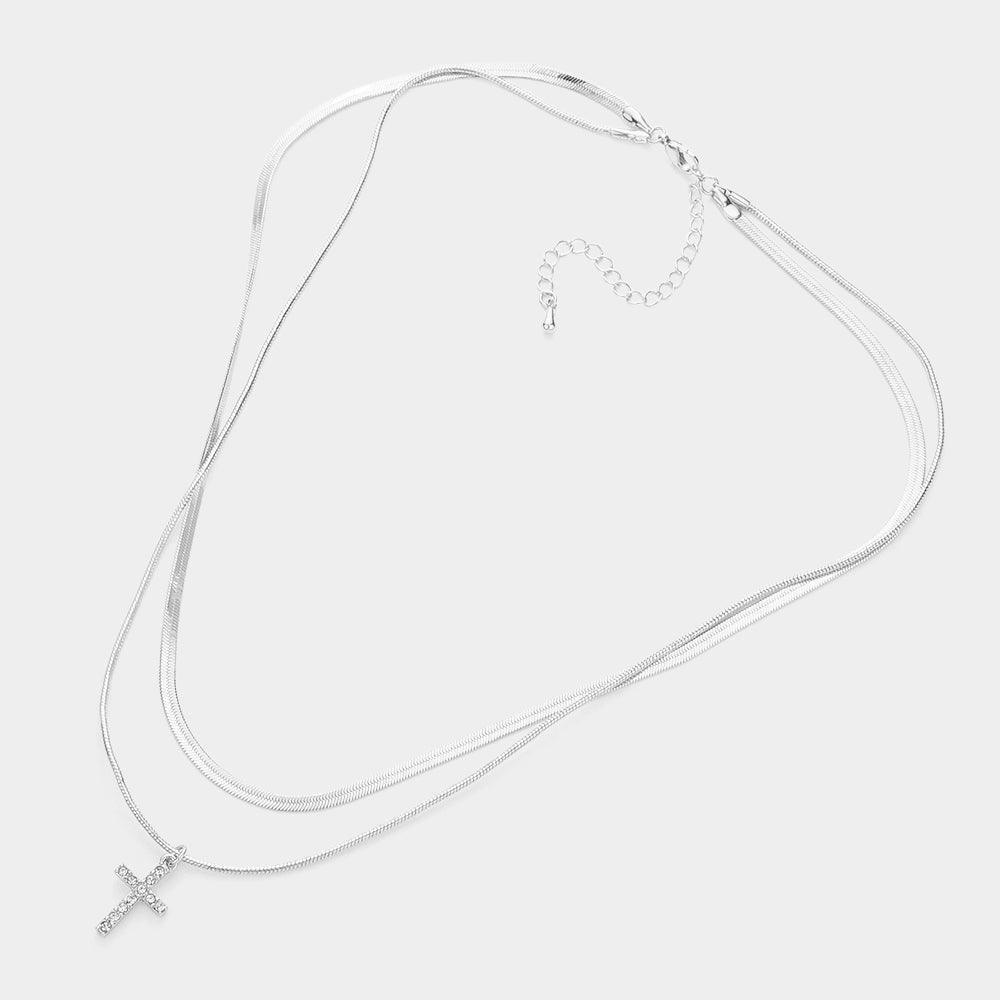 Rhinestone Embellished Cross Pendant Double Layered Necklace - Jewelry Store by Erik Rayo