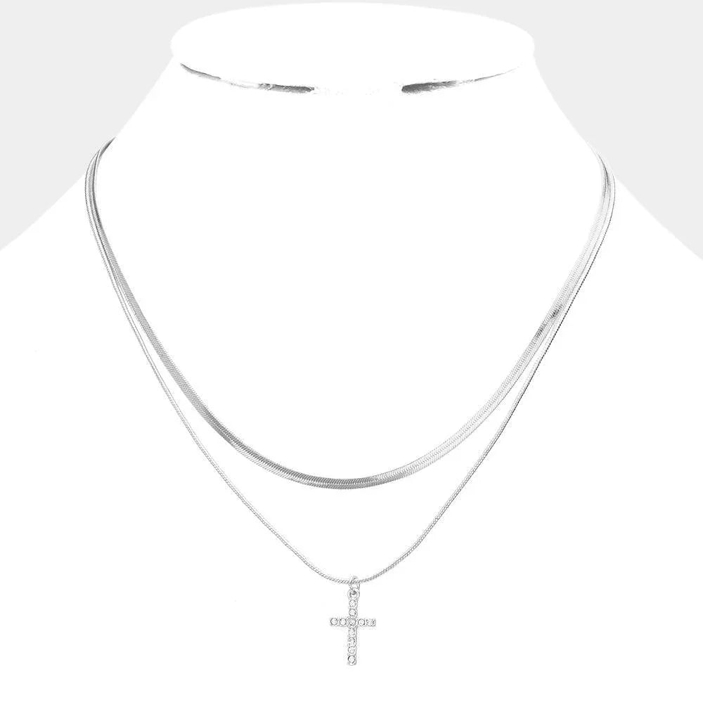 Rhinestone Embellished Cross Pendant Double Layered Necklace - Jewelry Store by Erik Rayo