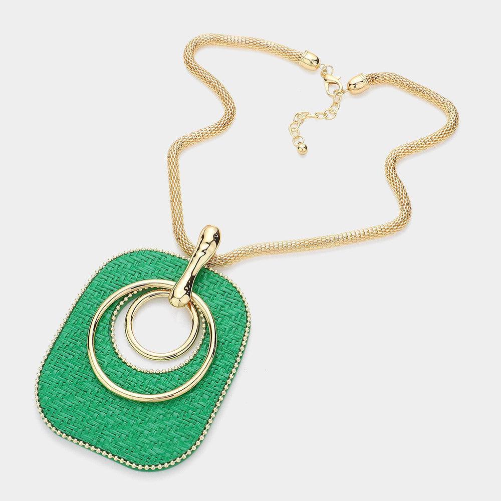 Green Raffia Weave Resin Back Abstract Pendant Statement Necklace - Jewelry Store by Erik Rayo