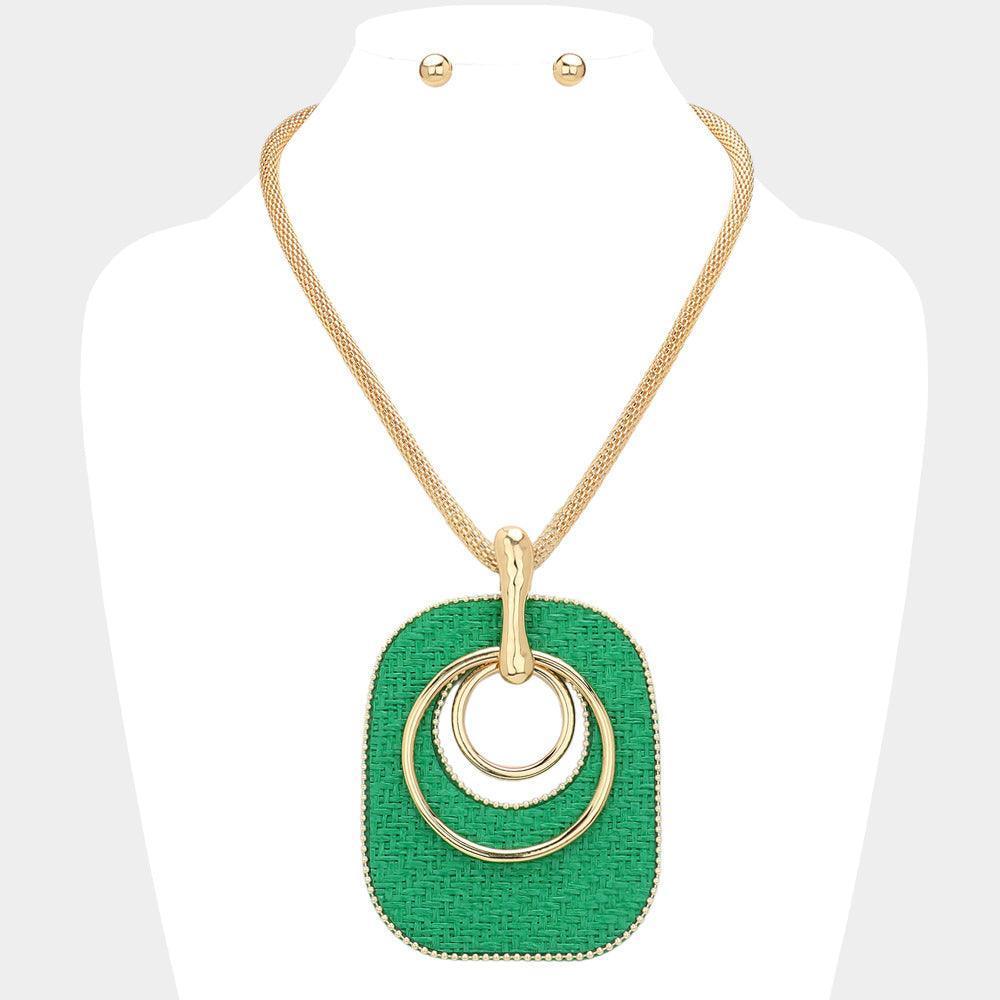 Green Raffia Weave Resin Back Abstract Pendant Statement Necklace - Jewelry Store by Erik Rayo