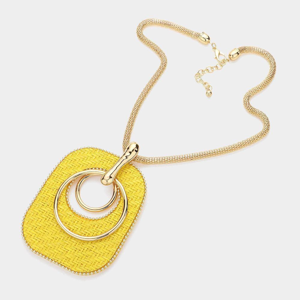 Yellow Raffia Weave Resin Back Abstract Pendant Statement Necklace - Jewelry Store by Erik Rayo