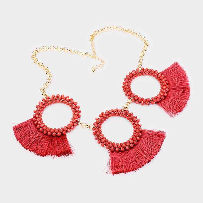 Pink Triple Seed Bead Round Fan Tassel Necklace - Jewelry Store by Erik Rayo