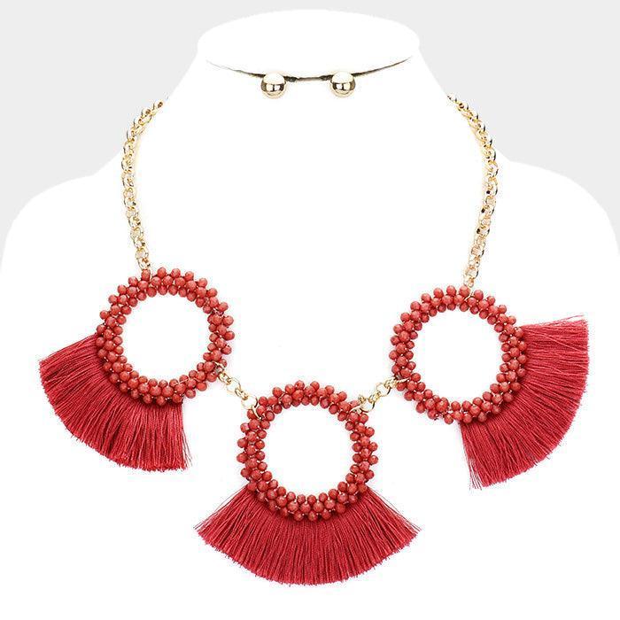 Pink Triple Seed Bead Round Fan Tassel Necklace - Jewelry Store by Erik Rayo