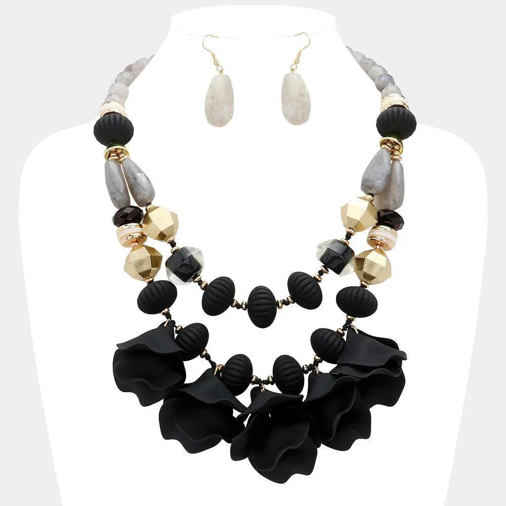 Black Matte Flower Petal Embellished Statement Necklace - Jewelry Store by Erik Rayo