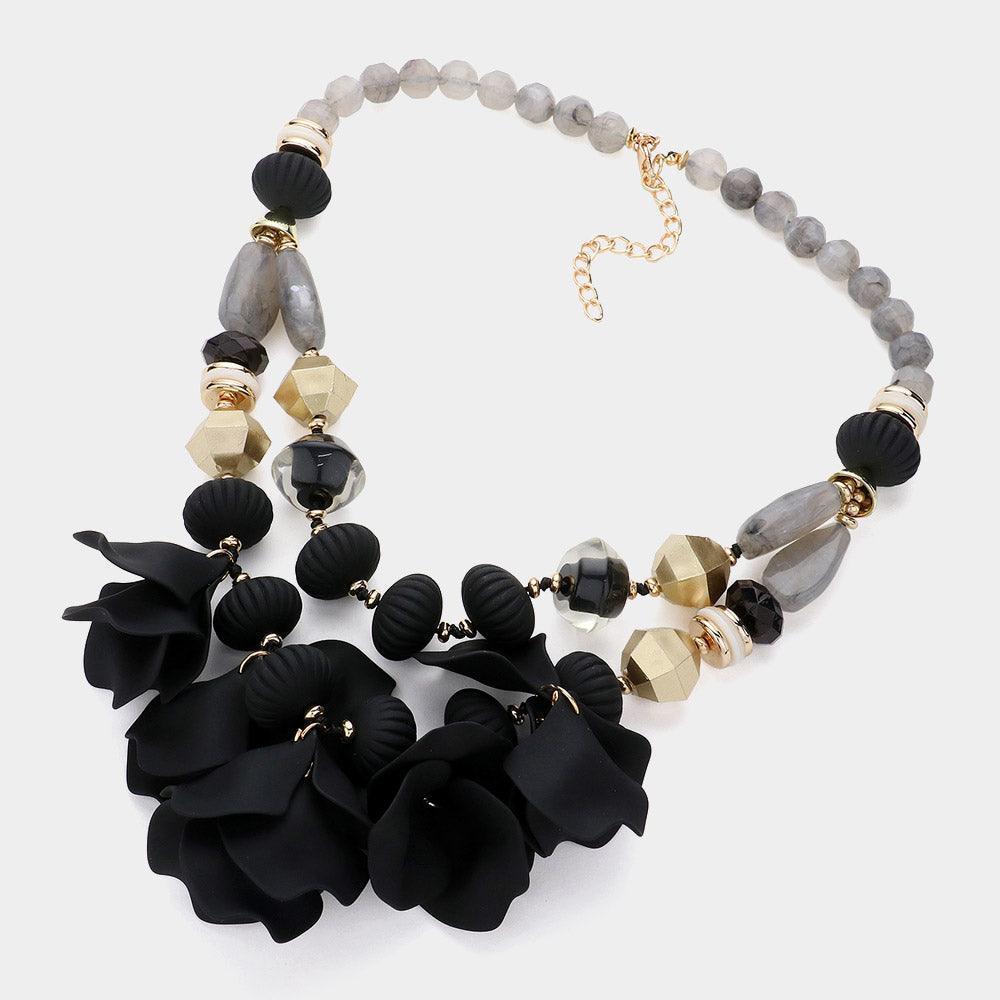 Black Matte Flower Petal Embellished Statement Necklace - Jewelry Store by Erik Rayo