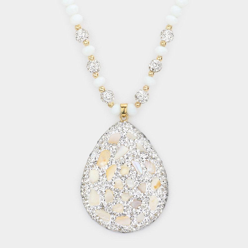 White Faux Leather Back Natural Stone Rhinestone Embellished Pendant Necklace - Jewelry Store by Erik Rayo