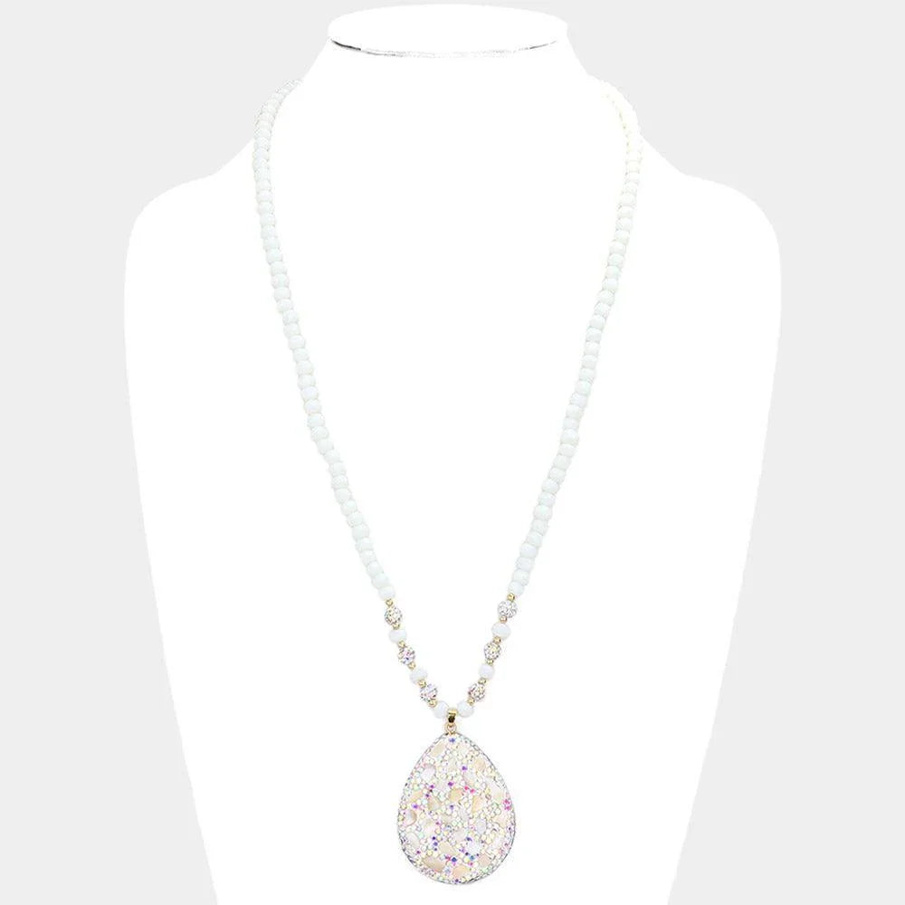 White Faux Leather Back Natural Stone Rhinestone Embellished Pendant Necklace - Jewelry Store by Erik Rayo
