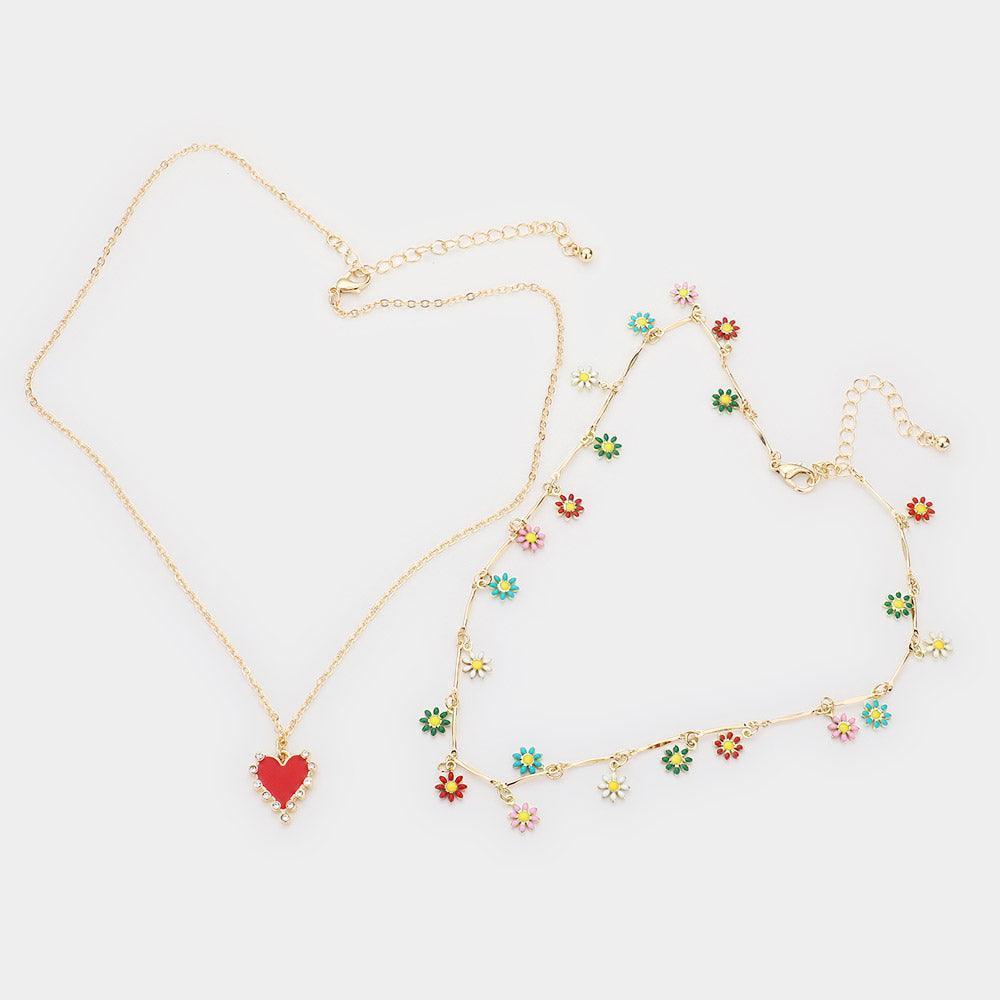 2 Piece Enamel Flower Station Rhinestone Trim Heart Pendant Necklaces - Jewelry Store by Erik Rayo