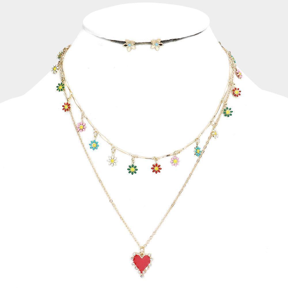 2 Piece Enamel Flower Station Rhinestone Trim Heart Pendant Necklaces - Jewelry Store by Erik Rayo