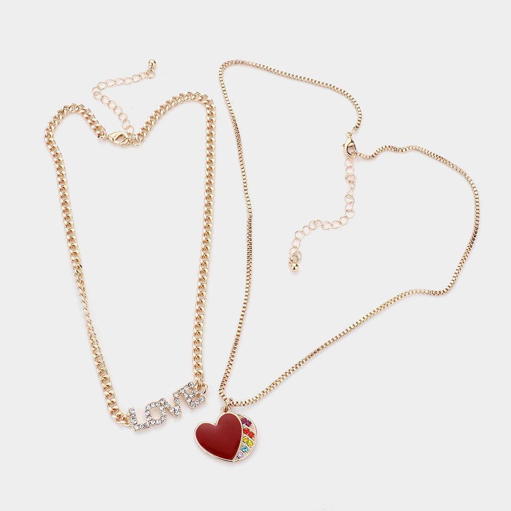 Gold 2 Piece Rhinestone Embellished Metal LOVE Message Enamel Heart Pendant Necklaces - Jewelry Store by Erik Rayo