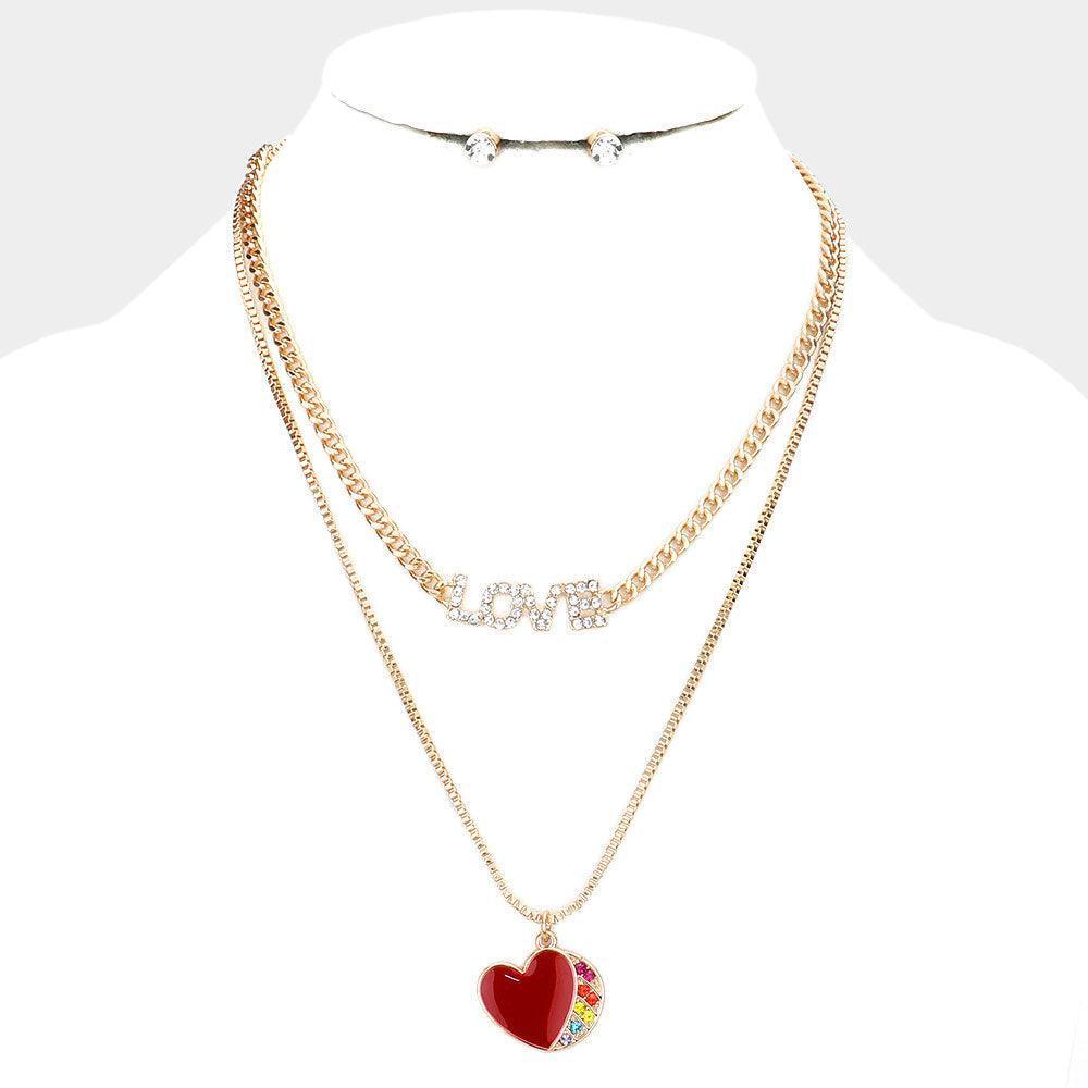 Gold 2 Piece Rhinestone Embellished Metal LOVE Message Enamel Heart Pendant Necklaces - Jewelry Store by Erik Rayo