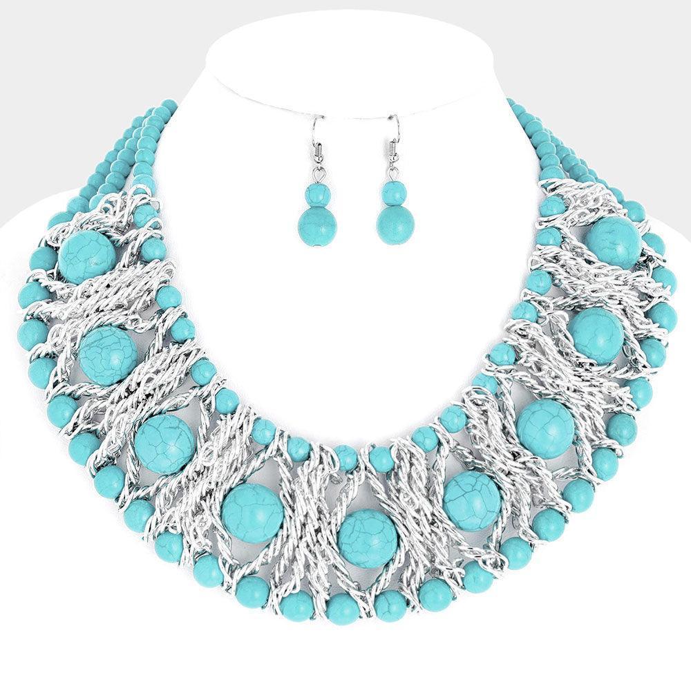 Turquoise Natural Stone Accented Metal Link Statement Necklace - Jewelry Store by Erik Rayo