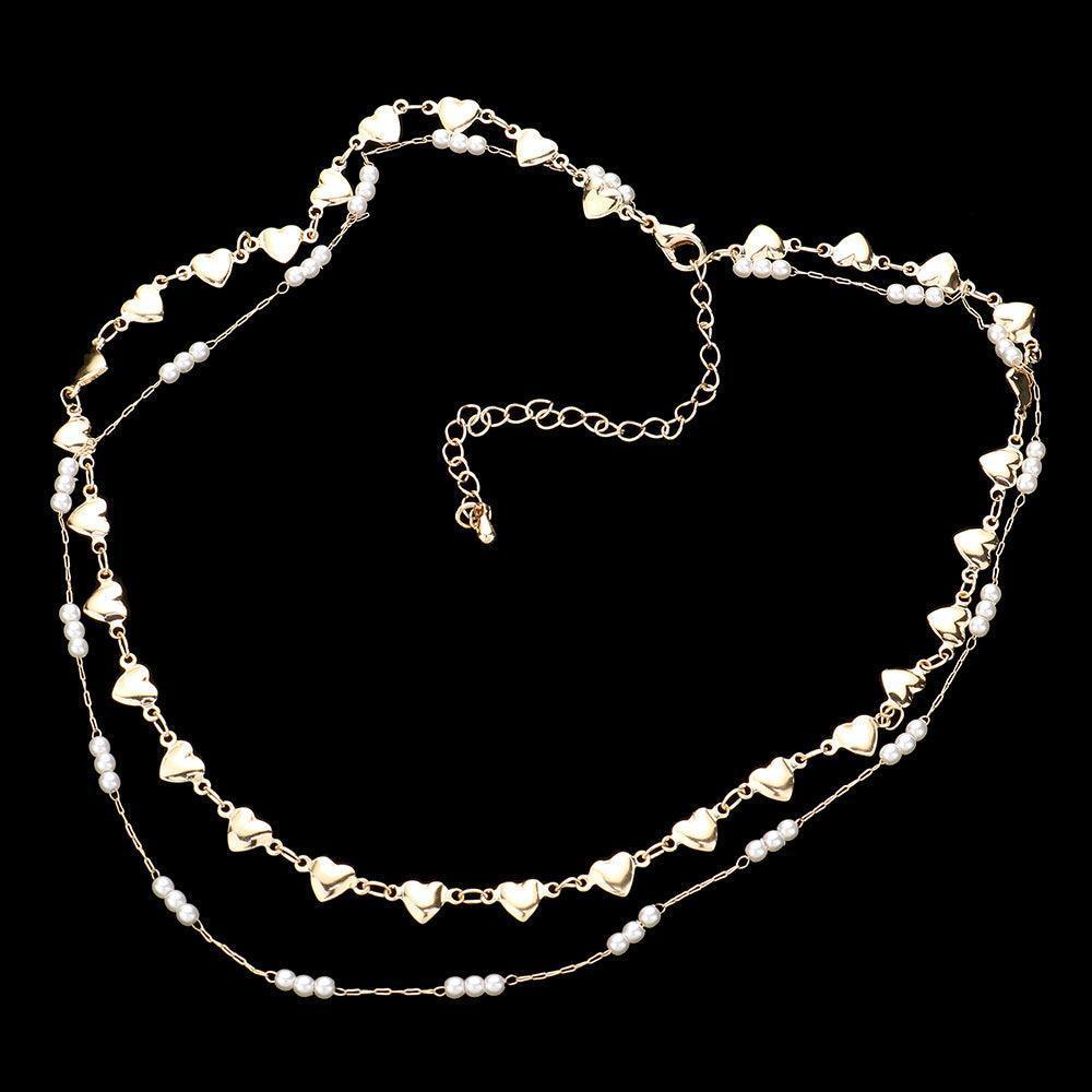 Cream Metal Heart Pearl Link Double Layered Necklace - Jewelry Store by Erik Rayo