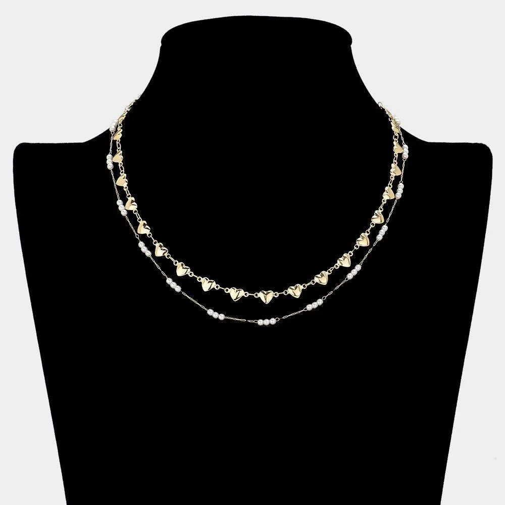 Cream Metal Heart Pearl Link Double Layered Necklace - Jewelry Store by Erik Rayo