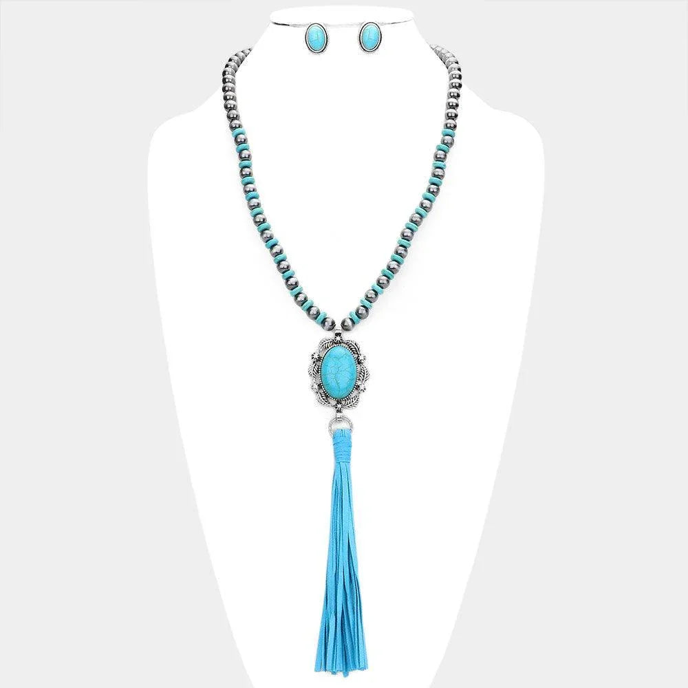 Turquoise Turquoise Accented Antique Metal Suede Tassel Link Long Necklace - Jewelry Store by Erik Rayo