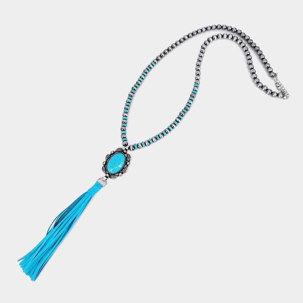 Turquoise Turquoise Accented Antique Metal Suede Tassel Link Long Necklace - Jewelry Store by Erik Rayo