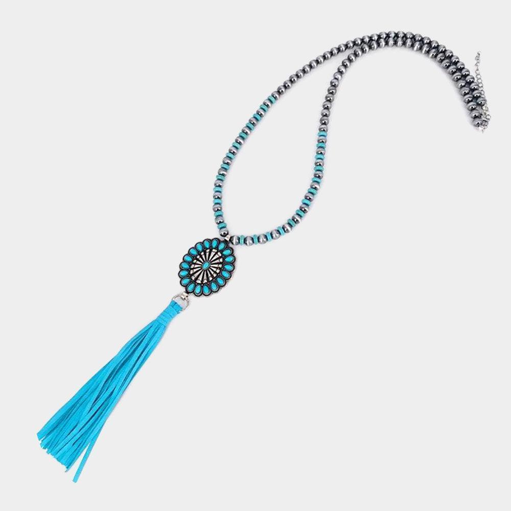 Turquoise Turquoise Accented Antique Metal Squash Blossom Suede Tassel Link Long Necklace - Jewelry Store by Erik Rayo