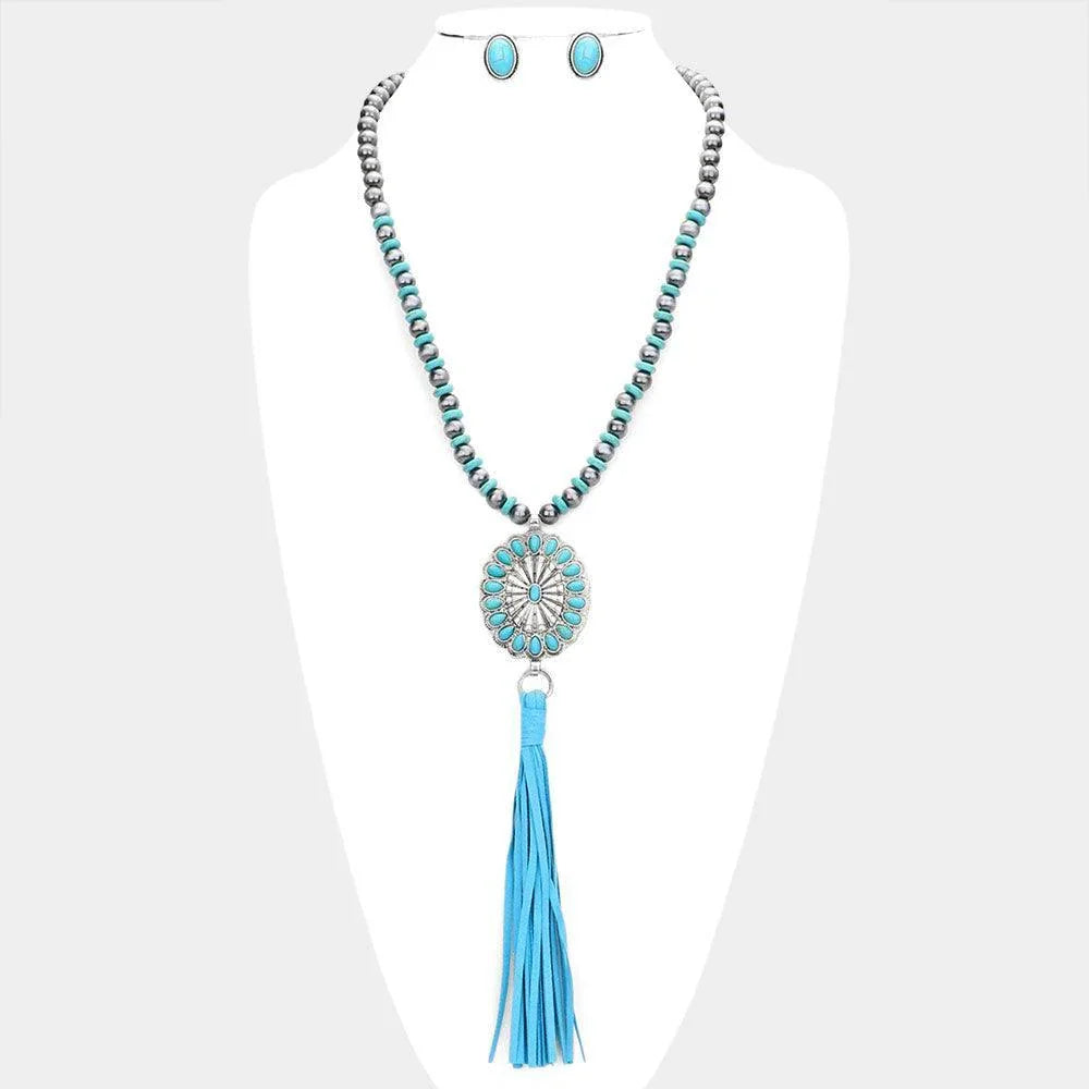 Turquoise Turquoise Accented Antique Metal Squash Blossom Suede Tassel Link Long Necklace - Jewelry Store by Erik Rayo