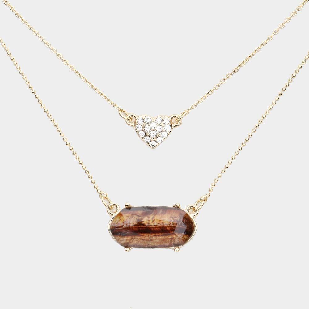 Brown Heart Hexagon Bead Pendant Double Layered Necklace - Jewelry Store by Erik Rayo