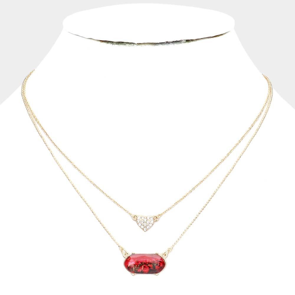 Red Heart Hexagon Bead Pendant Double Layered Necklace