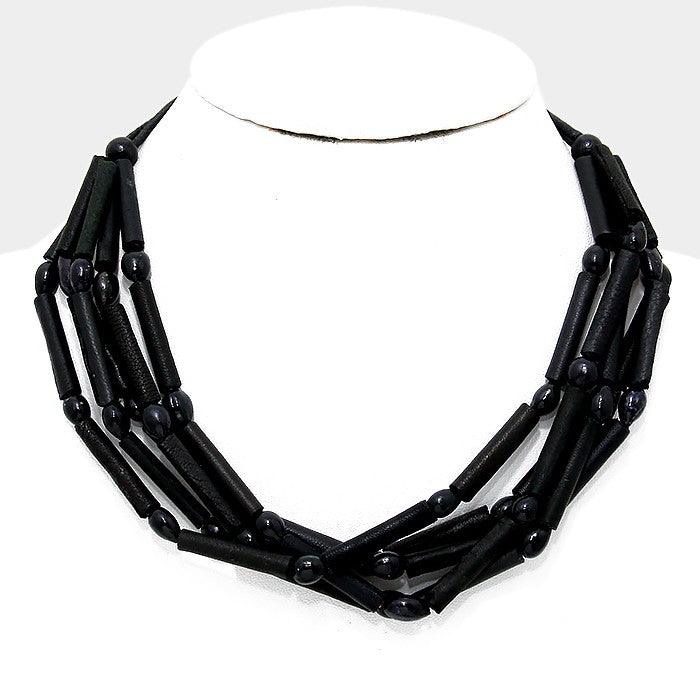 Black Multi-tier faux leather tube strand necklace