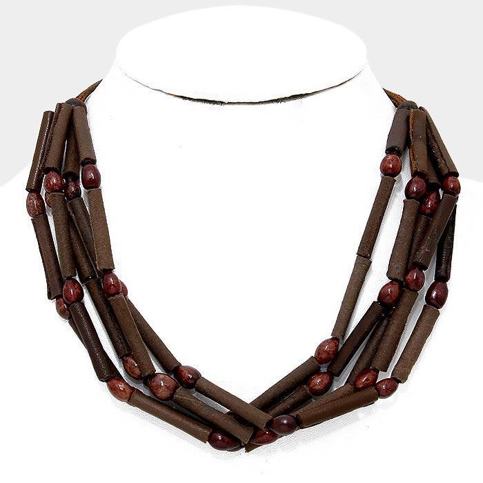 Brown Multi-tier faux leather tube strand necklace