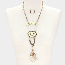 Load image into Gallery viewer, Gold Abstract double horn &amp; faux leather tassel necklace
