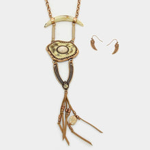 Load image into Gallery viewer, Gold Abstract double horn &amp; faux leather tassel necklace
