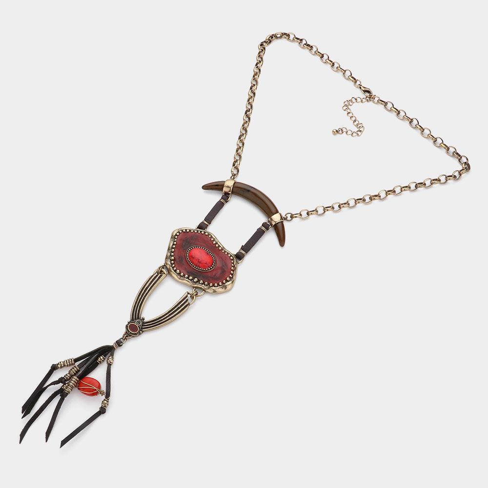 Gold Abstract double horn & faux leather tassel necklace - Jewelry Store by Erik Rayo