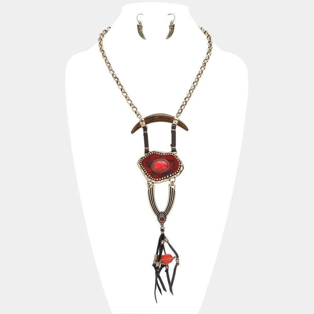 Gold Abstract double horn & faux leather tassel necklace - Jewelry Store by Erik Rayo