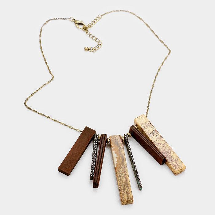 Rhinestone Rectangular Bead Wood Bar Statement Necklace - Jewelry Store by Erik Rayo