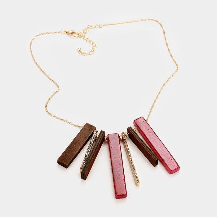 Red Rhinestone Rectangular Bead Wood Bar Statement Necklace - Jewelry Store by Erik Rayo