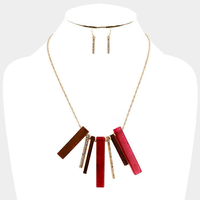 Red Rhinestone Rectangular Bead Wood Bar Statement Necklace