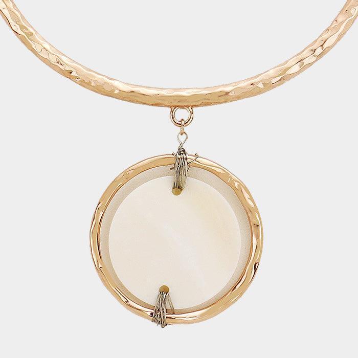 Rose Gold Wire Wrapped Mother of Pearl Disc Metal Hoop Necklace - Jewelry Store by Erik Rayo