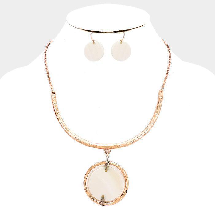 Rose Gold Wire Wrapped Mother of Pearl Disc Metal Hoop Necklace - Jewelry Store by Erik Rayo