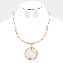 Load image into Gallery viewer, Rose Gold Wire Wrapped Mother of Pearl Disc Metal Hoop Necklace
