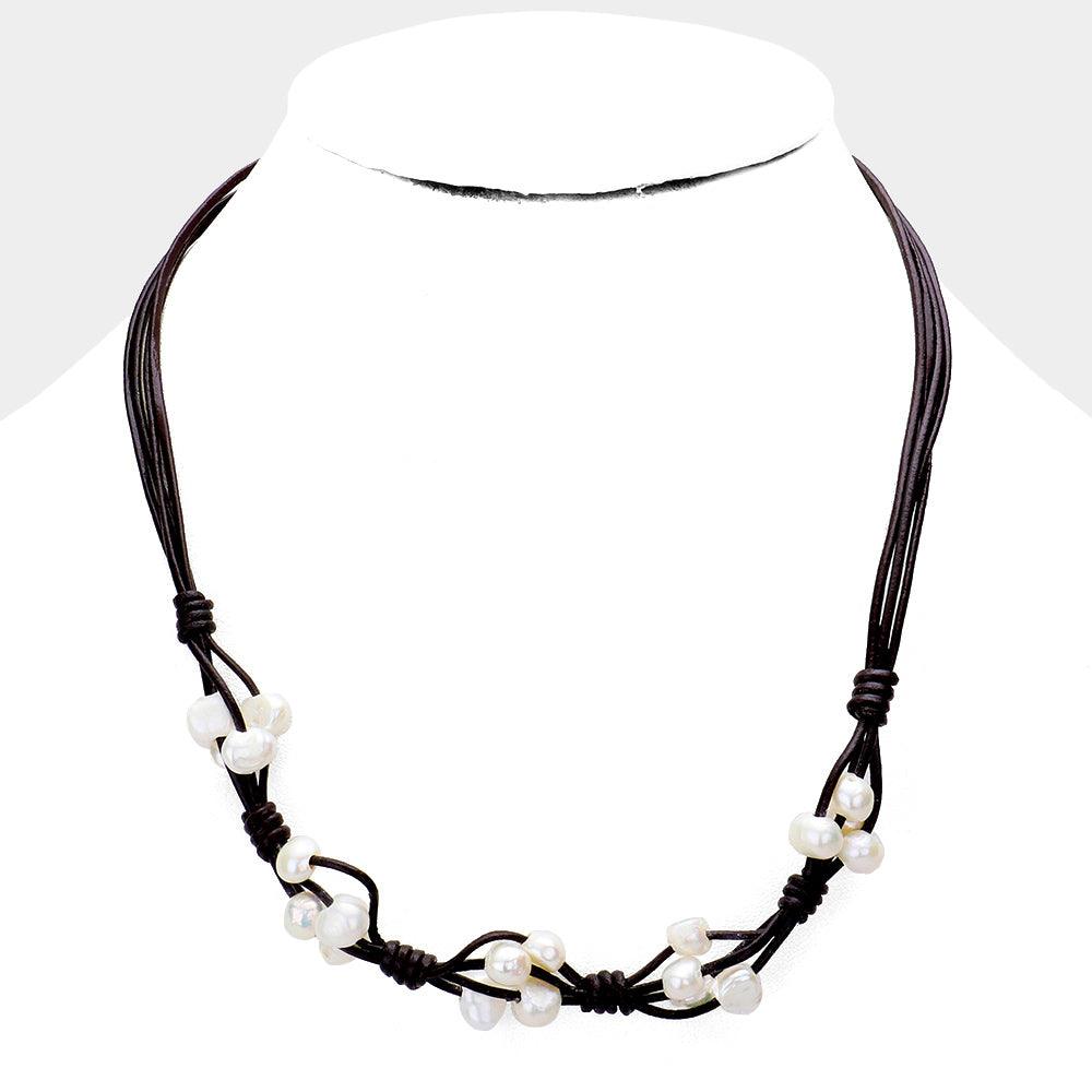 Brown Freshwater Pearl Faux Leather Necklace