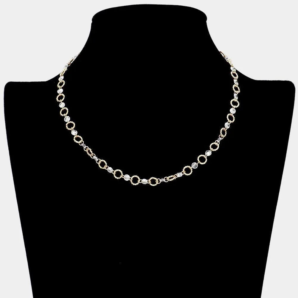 Gold Clear Stone Textured Open Circle Metal Link Necklace - Jewelry Store by Erik Rayo