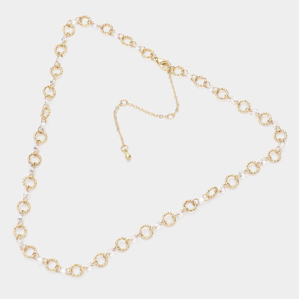 Gold Clear Stone Textured Open Circle Metal Link Necklace - Jewelry Store by Erik Rayo