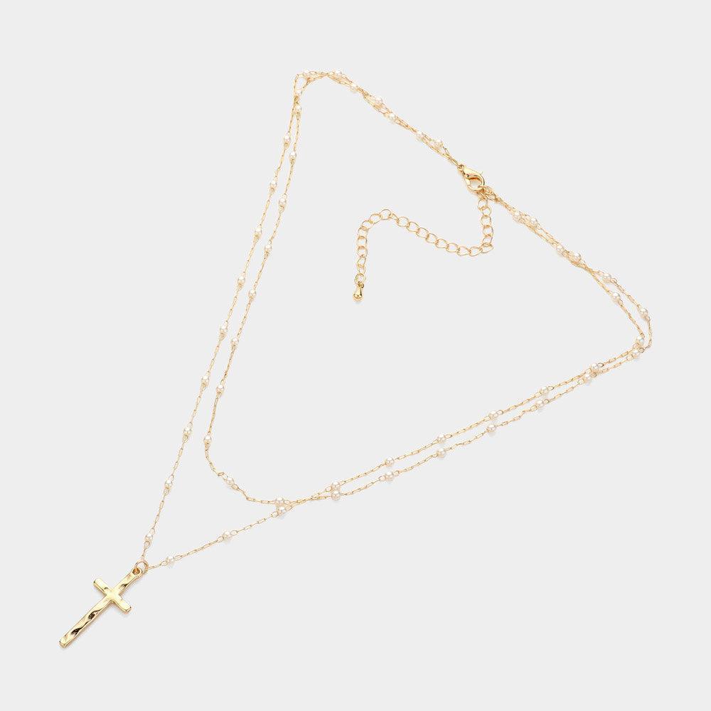 Cream Pearl Strand Double Layered Cross Pendant Necklace - Jewelry Store by Erik Rayo