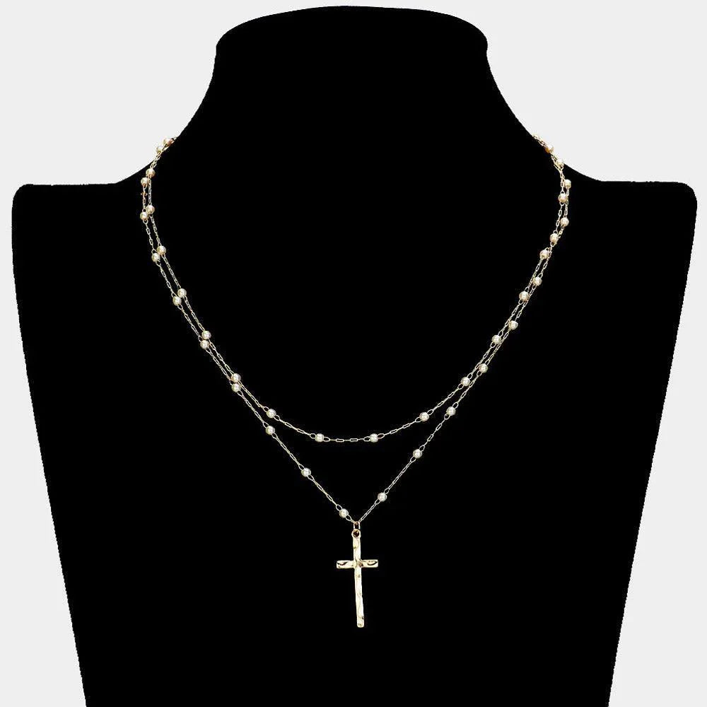 Cream Pearl Strand Double Layered Cross Pendant Necklace - Jewelry Store by Erik Rayo
