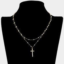 Load image into Gallery viewer, Cream Pearl Strand Double Layered Cross Pendant Necklace
