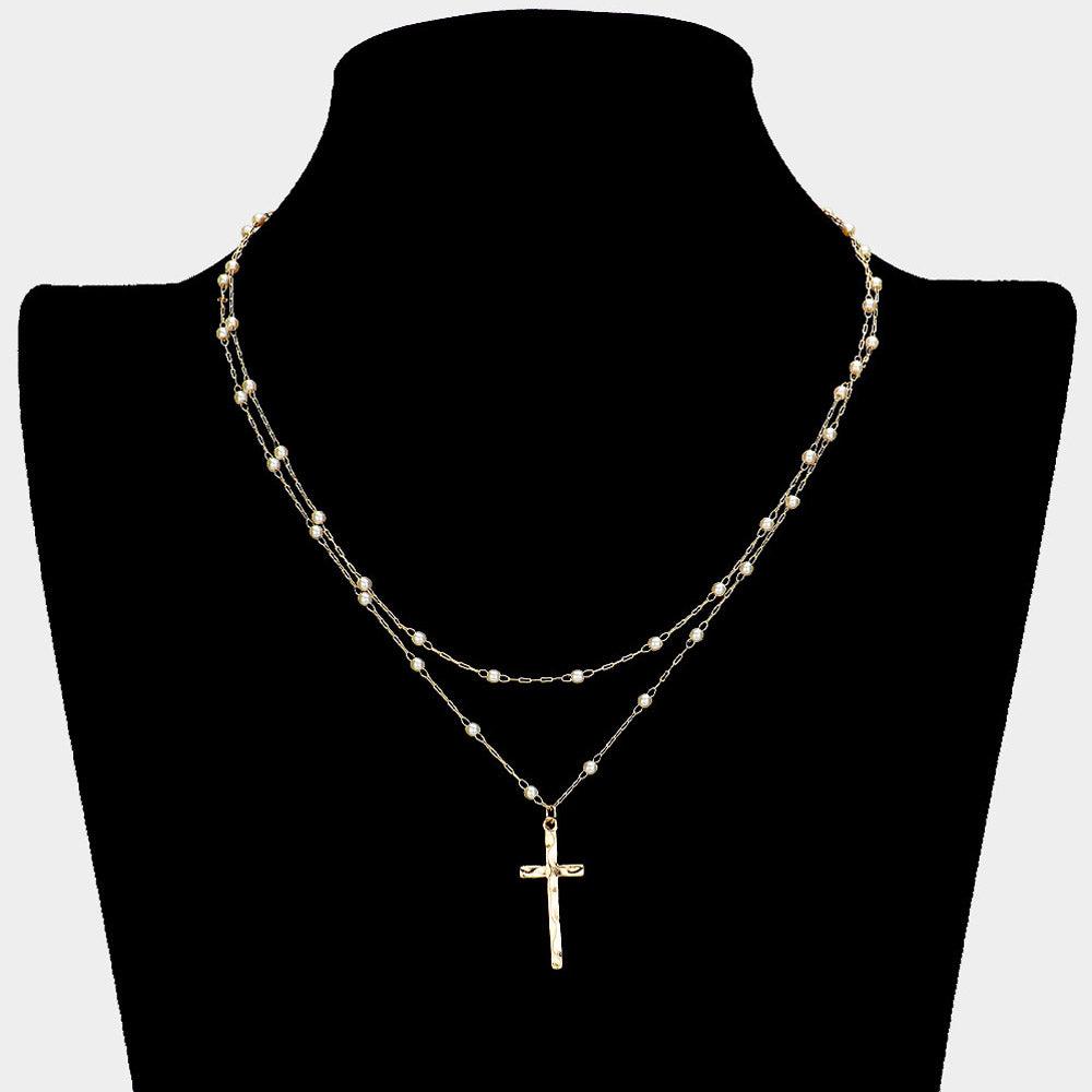 Cream Pearl Strand Double Layered Cross Pendant Necklace