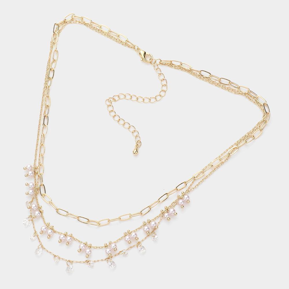 Cream Pearl Clear Stone Charm Metal Link Layered Necklace - Jewelry Store by Erik Rayo