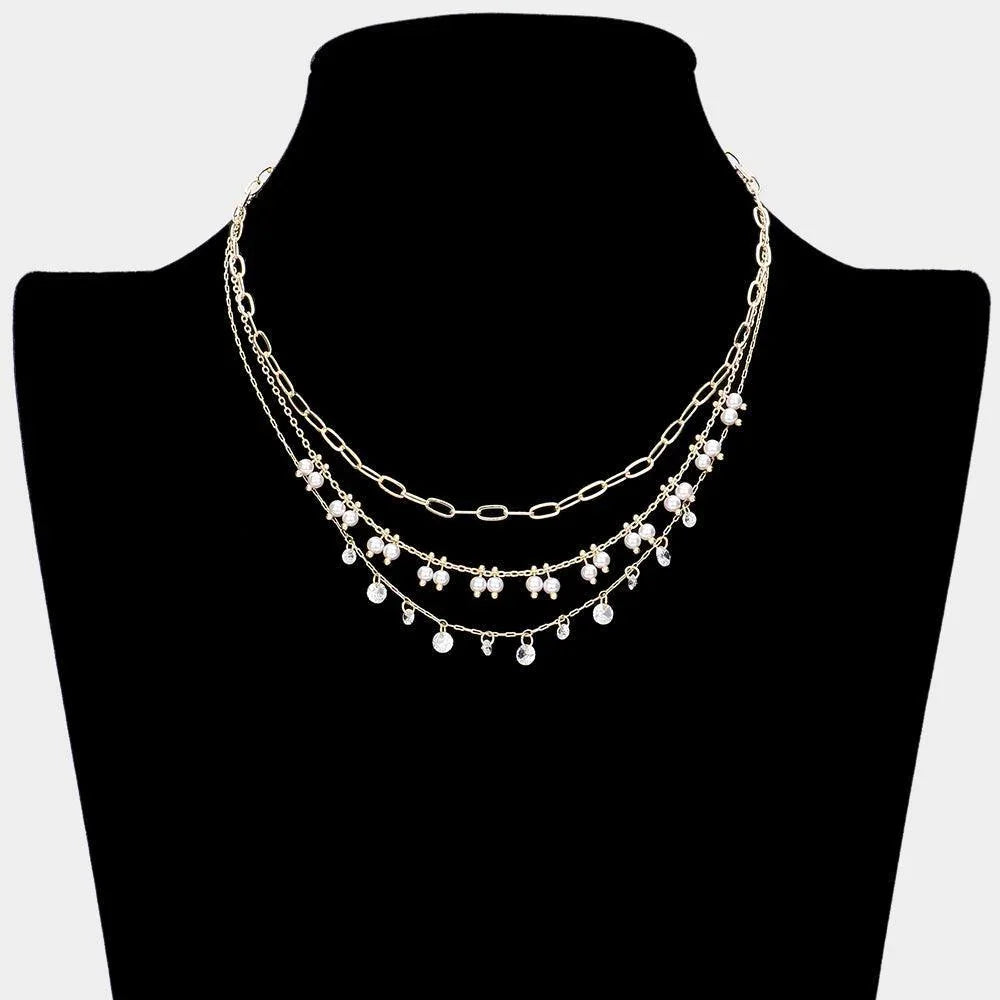 Cream Pearl Clear Stone Charm Metal Link Layered Necklace - Jewelry Store by Erik Rayo