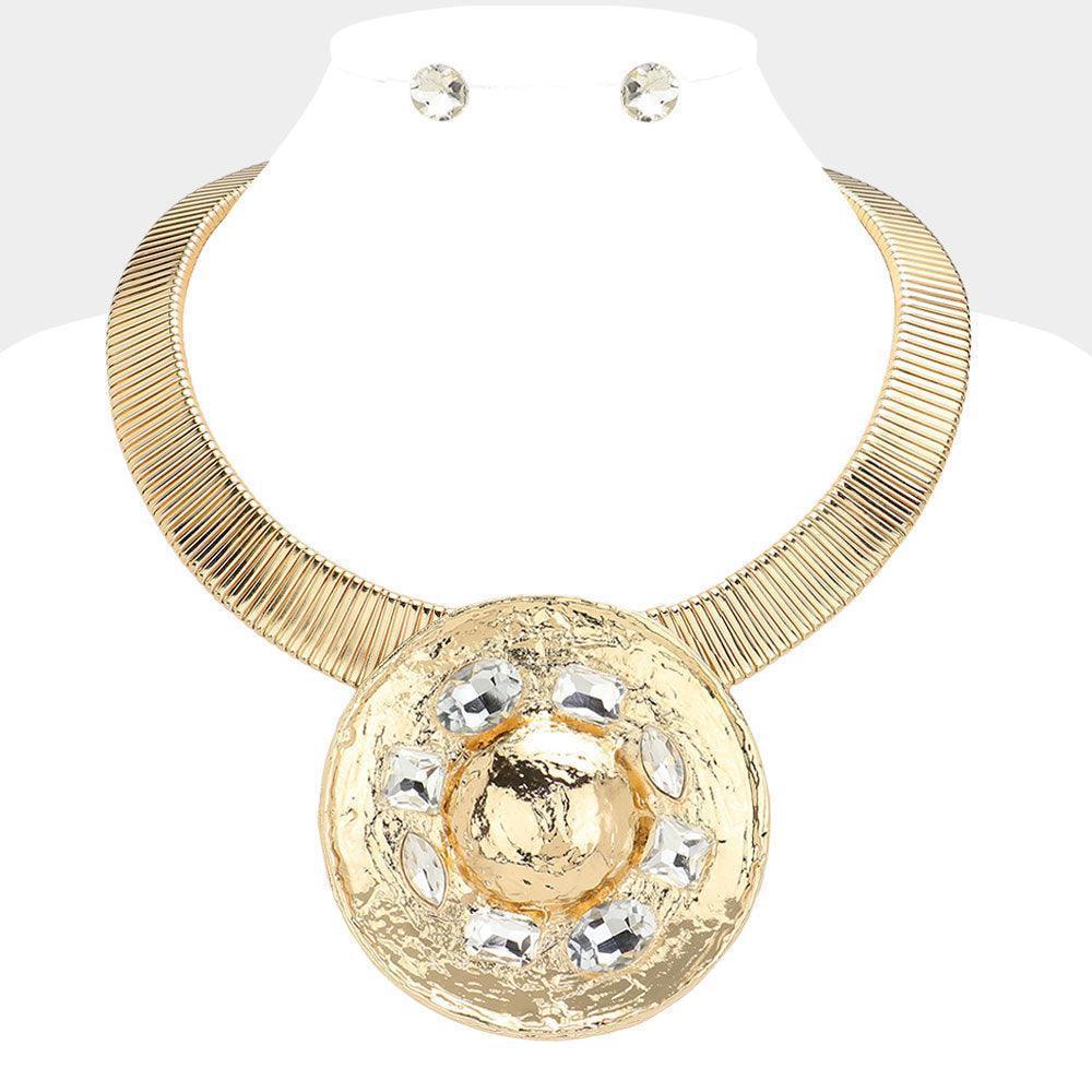 Clear Rhinestone Pointed Hammered Metal Circle Plate Pendant Statement Necklace - Jewelry Store by Erik Rayo