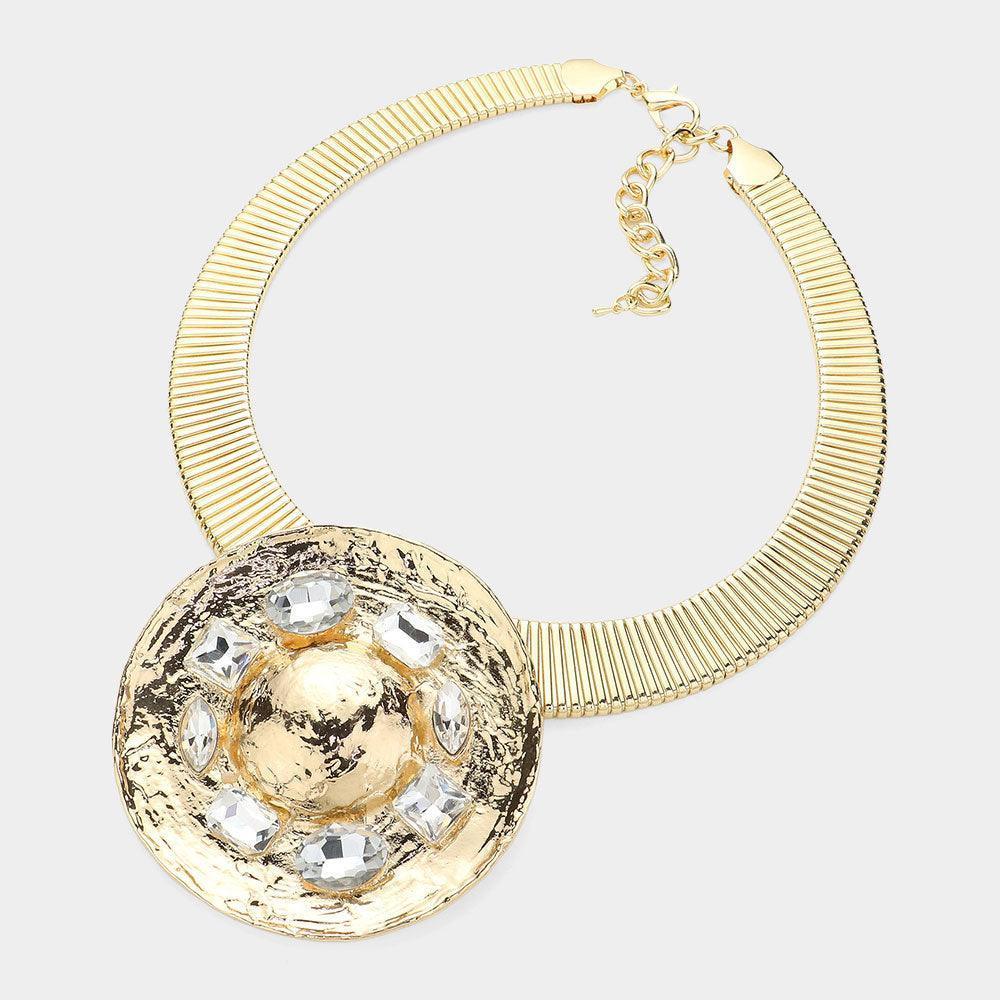 Clear Rhinestone Pointed Hammered Metal Circle Plate Pendant Statement Necklace - Jewelry Store by Erik Rayo